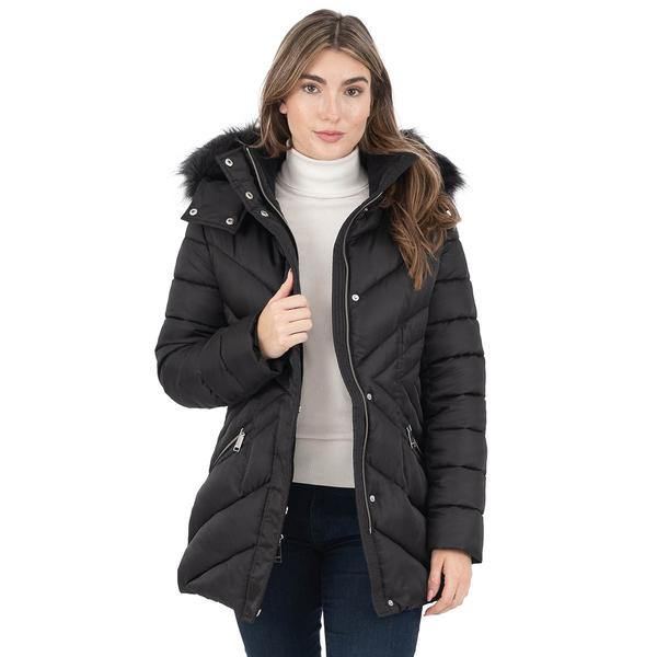 Womens Nine West Faux Fur Trimmed Hood Puffer Coat