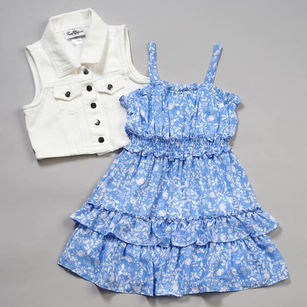 Girls &#40;7-16&#41; Rare Editions Sleeveless Floral Dress w/ Denim Vest