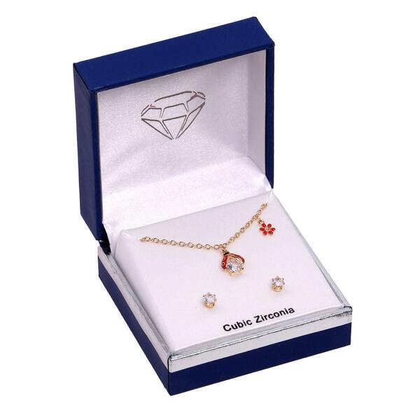 Gold-Tone Cubic Zirconia Ladybug Necklace & Round Earrings Set - image 