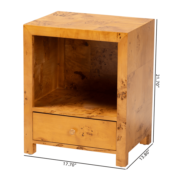 bali & pari Camira Modern Real Burl Wood 1-Drawer Nightstand