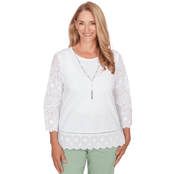 Petite Alfred Dunner St. Augustine Eyelet Trim Blouse w/ Necklace