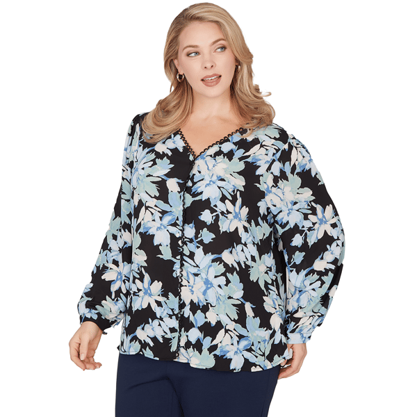 Plus Size Emaline Seabreeze Essence Button Front Floral Blouse