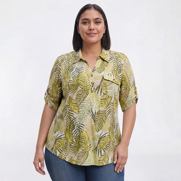 Plus Size Emily Daniels Elbow Sleeve Tropical Palm Leaf Blouse