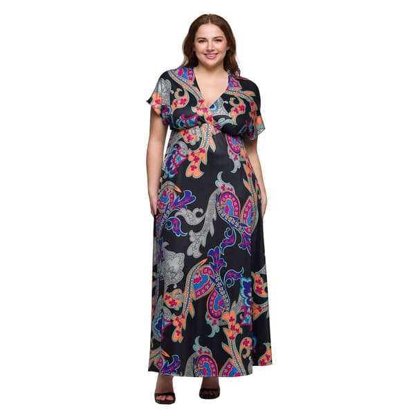 Plus Size 24/7 Comfort Apparel Black Paisley Sleeve Maxi Dress
