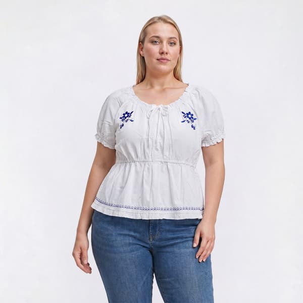 Plus Size Architect(R) Peasant Floral Embroidery Peplum Blouse