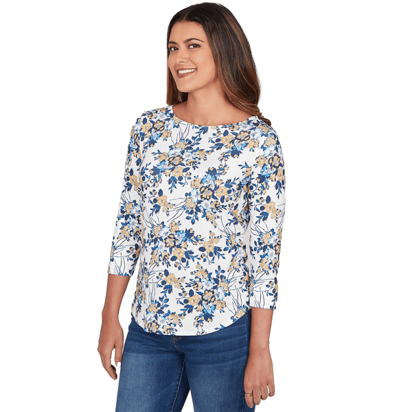 Womens Emaline Key Items 3/4 Sleeve Boat Neck Floral Tee