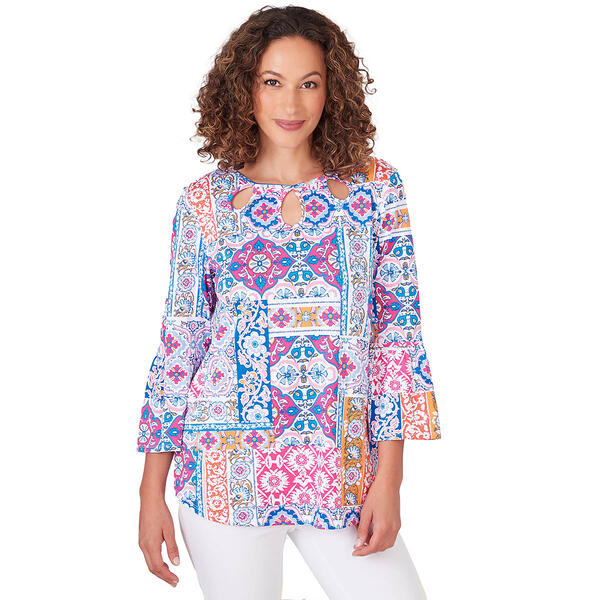 Womens Ruby Rd. Bright Blooms 3/4 Sleeve Patchwork Tee - image 