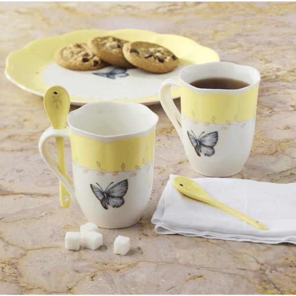 Lenox® Butterfly Meadow® Yellow Mugs with Spoons - Set of 2