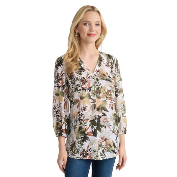 Womens Jones New York 3/4 Sleeve Pleat Front Leafy Floral Blouse - image 