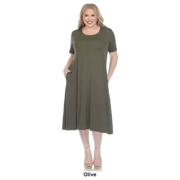 Plus Size White Mark Short Sleeve Pocket Swing Midi Dress