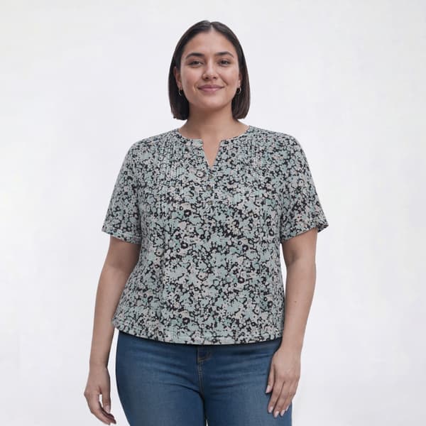 Plus Size Napa Valley Short Sleeve Abstract Floral Henley Blouse