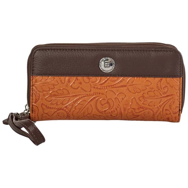 Womens Stone Mountain Tooled Leather Double Zip Around Wristlet