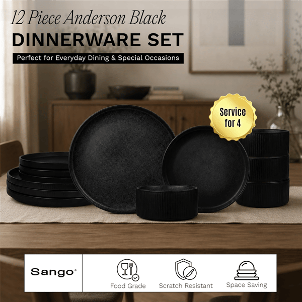 Sango Anderson Black Stoneware 12pc. Dinnerware Set Service for 4