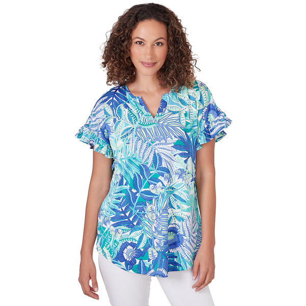 Womens Ruby Rd. Bali Blue Short Sleeve Knit Rainforest Floral Top - image 