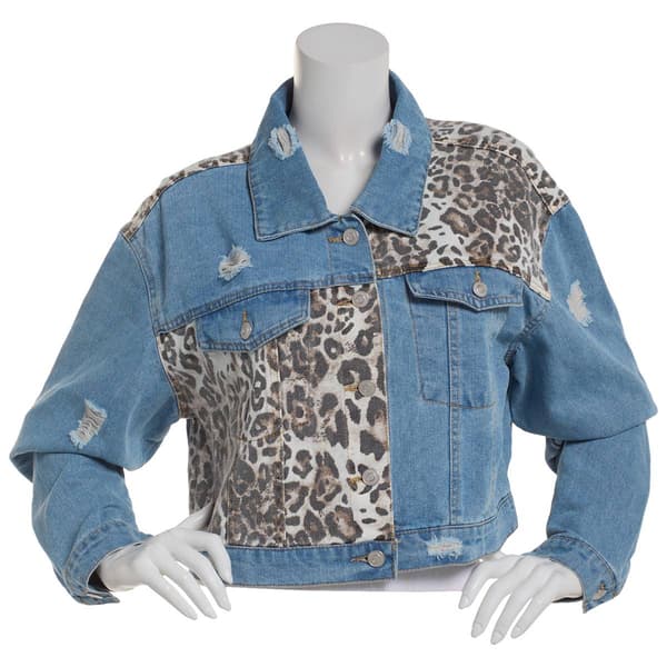Juniors No Comment Denim Trucker Jacket w/ Leopard Twill Panels