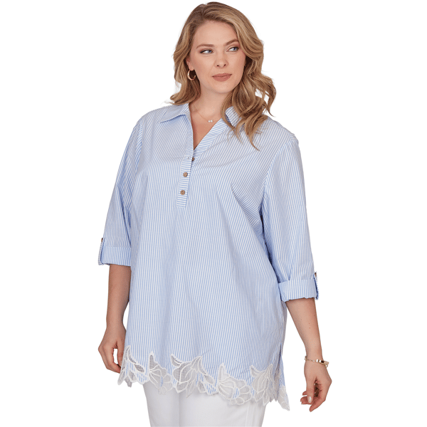 Plus Size Ruby Rd. French Riviera Coastal Stripe Lace Hem Blouse