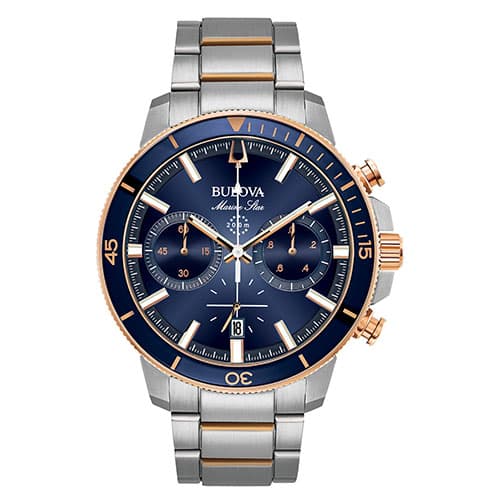 Mens Bulova Marine Star Two-Tone Blue Dial Bracelet Watch -98B301 - image 