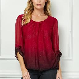 Womens Sara Michelle 3/4 Ruch Sleeve Ombre Glitter Blouse