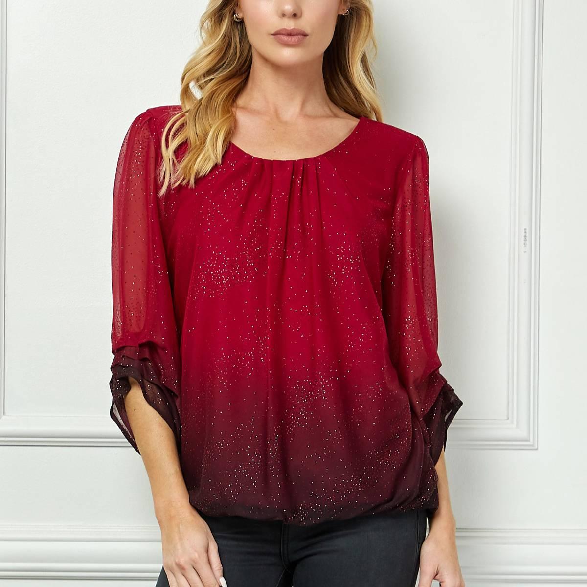 Womens Sara Michelle 3/4 Ruch Sleeve Ombre Glitter Blouse