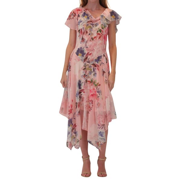 Womens Robbie Bee Short Sleeve Print Chiffon Drape Neck Dress - image 