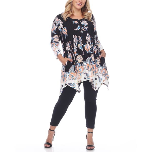 Plus Size White Mark Paisley Tunic Top With Pockets
