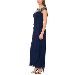Womens MSK Cap Sleeve Beaded Trim Mesh Side Ruch Gown