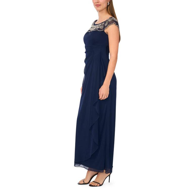 Womens MSK Cap Sleeve Beaded Trim Mesh Side Ruch Gown