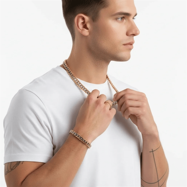 Mens Iron Saints 8.5mm Cuban Link Two-Tone Necklace Bracelet Set