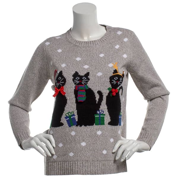 Womens By Design Long Sleeve Crew Neck Christmas Cats Sweater