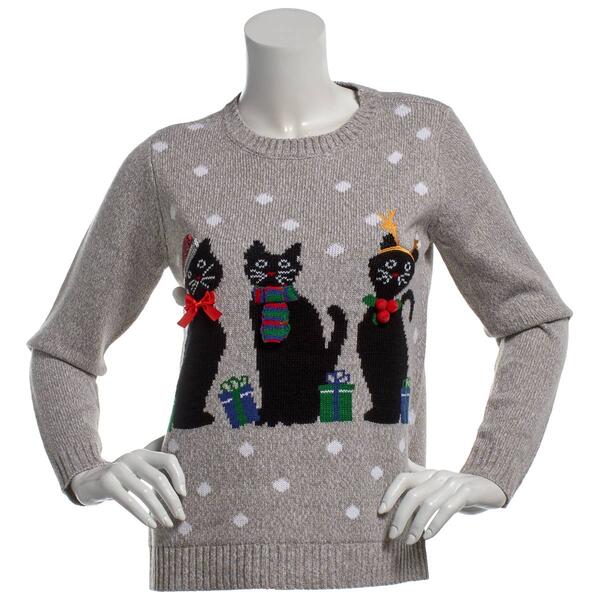 Womens By Design Long Sleeve Crew Neck Christmas Cats Sweater - image 