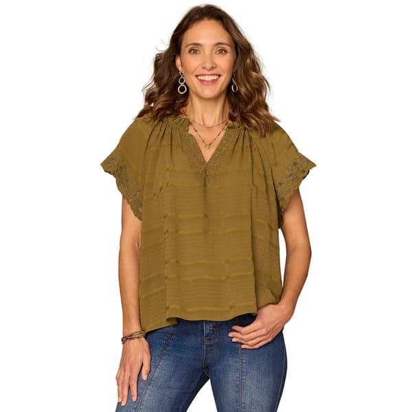 Womens Democracy Short Sleeve Ruffle Split Neck Woven Top