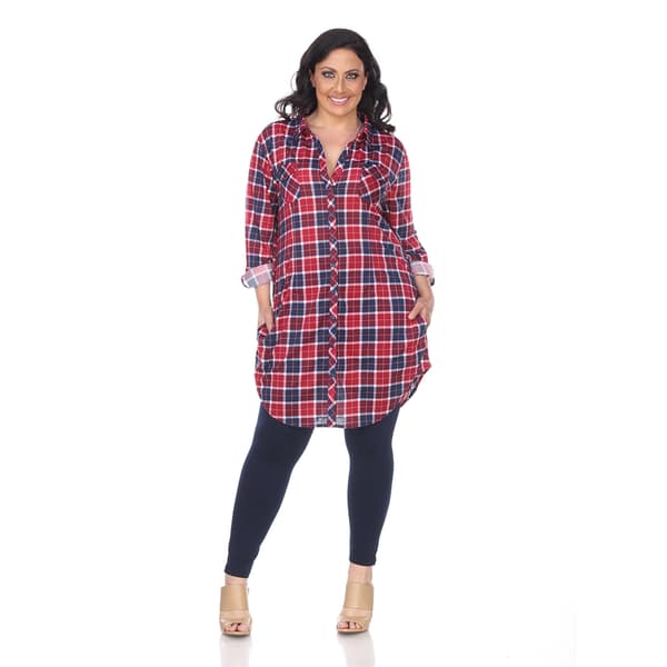 Plus Size White Mark Piper Stretchy Plaid Tunic Shirtdress - image 