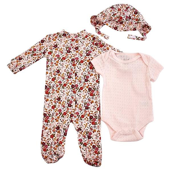 Baby Girl &#40;NB-9M&#41; Floral Threads 3pc. Floral Footed Coverall Set - image 