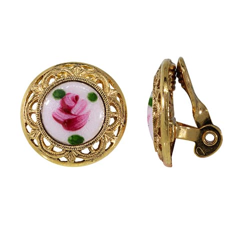 1928 Gold Tone White with Pink Flower Clip On Earrings - image 