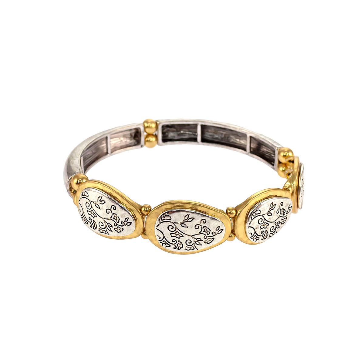 Ruby Rd. Two-Tone Etched Oval Frontal Discs Stretch Bracelet