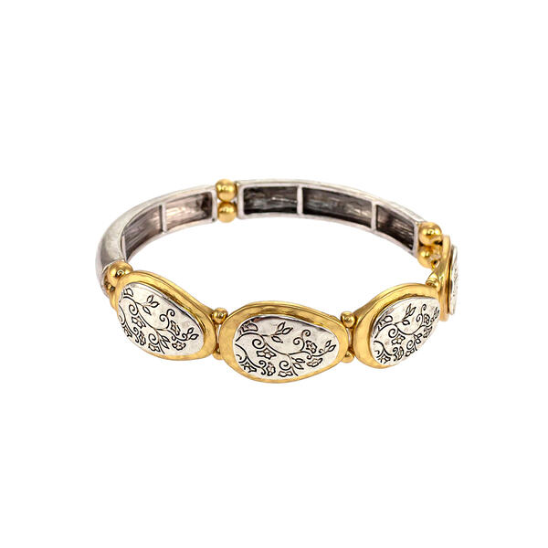 Ruby Rd. Two-Tone Etched Oval Frontal Discs Stretch Bracelet - image 