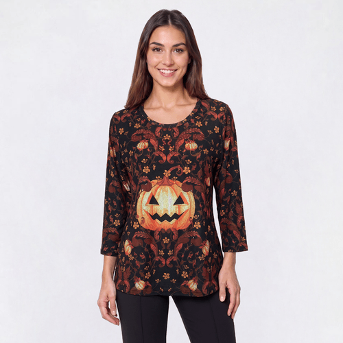 Womens OneWorld Long Sleeve Stud Embellished Pumpkin Tee - image 
