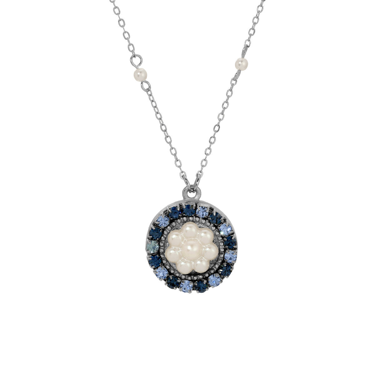 1928 18in. Silver-Tone Blue Crystal Faux Pearl Pendant Necklace