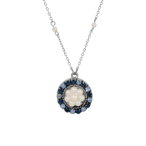 1928 Silver-Tone Blue Crystal Faux Pearl Pendant - image 