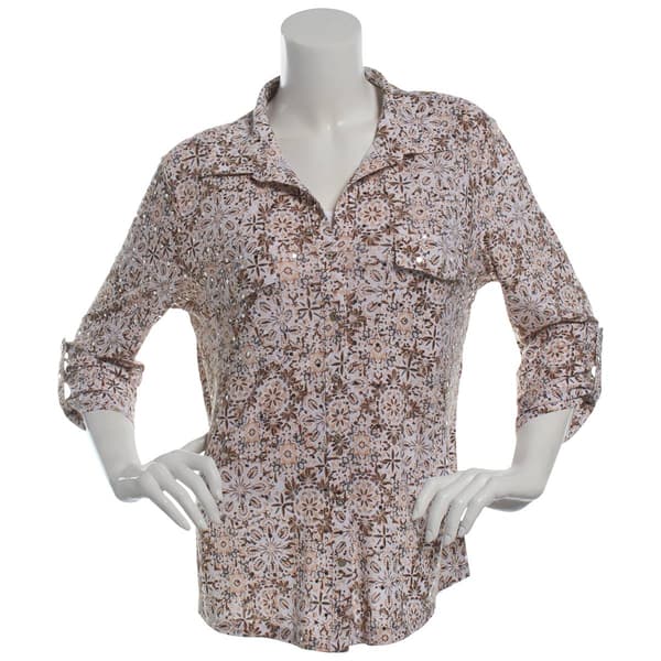 Womens Emily Daniels 3/4 Tab Sleeve Medallion Button Down Blouse