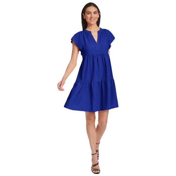 Womens Calvin Klein Short Sleeve Split Neck Tier A-Line Dress