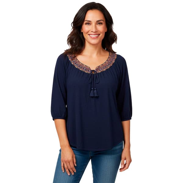 Womens French Laundry Elbow Sleeve Embroidery Yoke Blouse