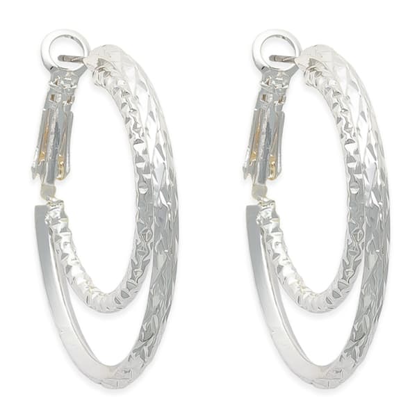 Freedom Silver-Tone Clutchless Double Textured Hoop Earrings - image 