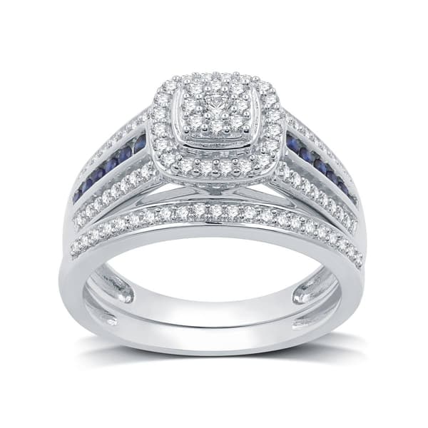 Loveblooms&#40;tm&#41; 3/8cttw. Diamond & Blue Sapphire Cushion Bridal Set