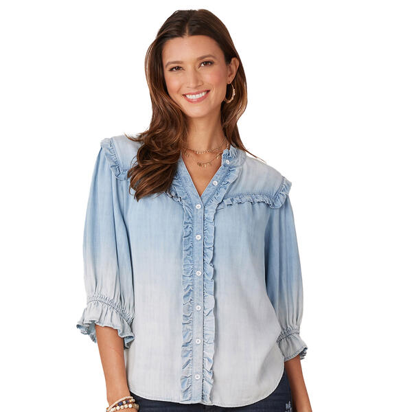 Plus Size Democracy Elbow Sleeve Ruffle Edge Casual Button Down - image 