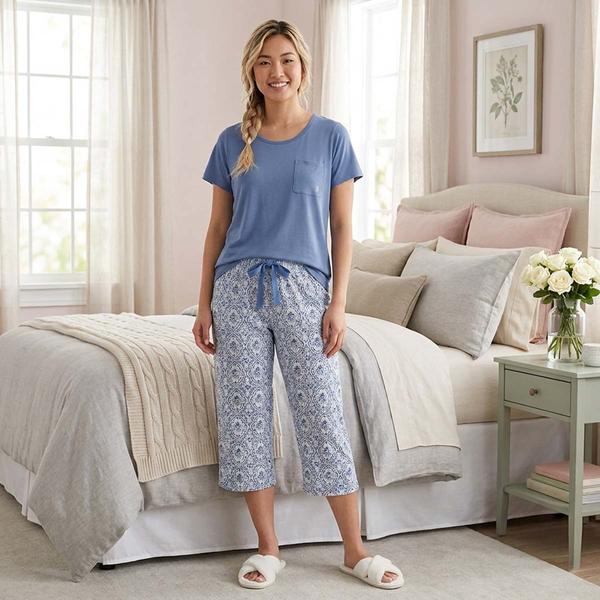 Petite IZOD(R) Short Sleeve Solid Tee & Flowers Capris Pajama Set - image 