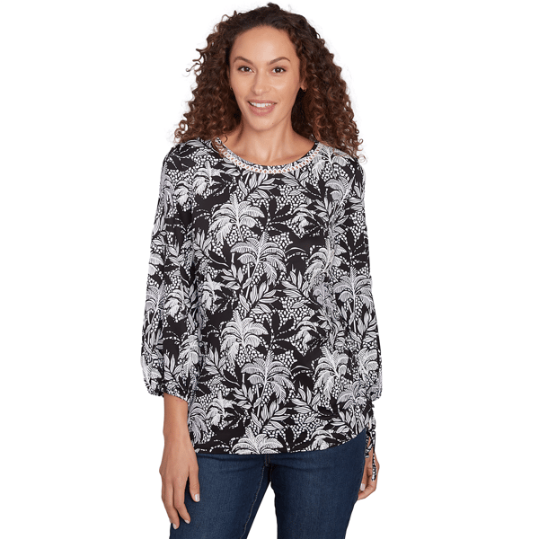 Petite Ruby Rd. Bali Bliss Monotone Palms Side Ruch Blouse - image 