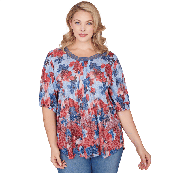 Plus Size Ruby Rd. French Riviera Pleated Floral Lace Trim Blouse