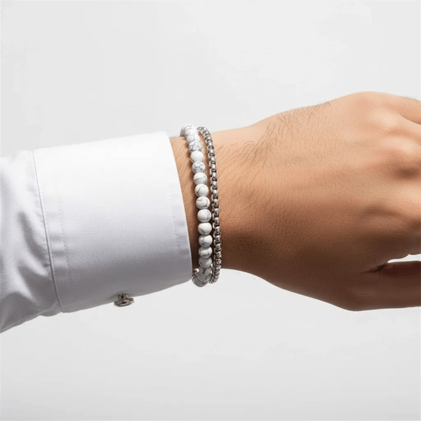 Mens Iron Saints Silver Tone Layered Box Chain & Beaded Bracelet