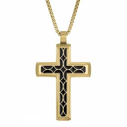 Mens Lynx Gold-Tone Ion-Plating & Black Resin Chain Cross Pendant